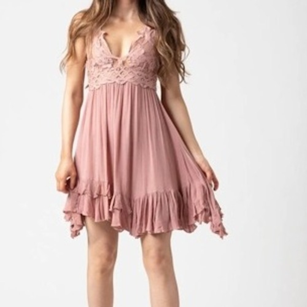 Adela Free People Lace Mini Dress Ruffle‎ Hem Size S Dusty Rose New